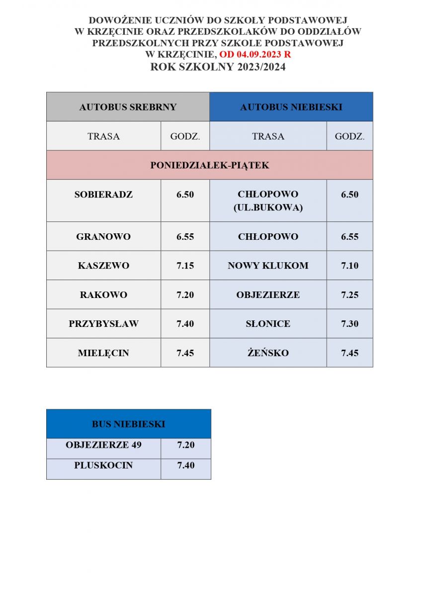 DOWOZY DO SZKOŁY I PRZEDSZKOLA