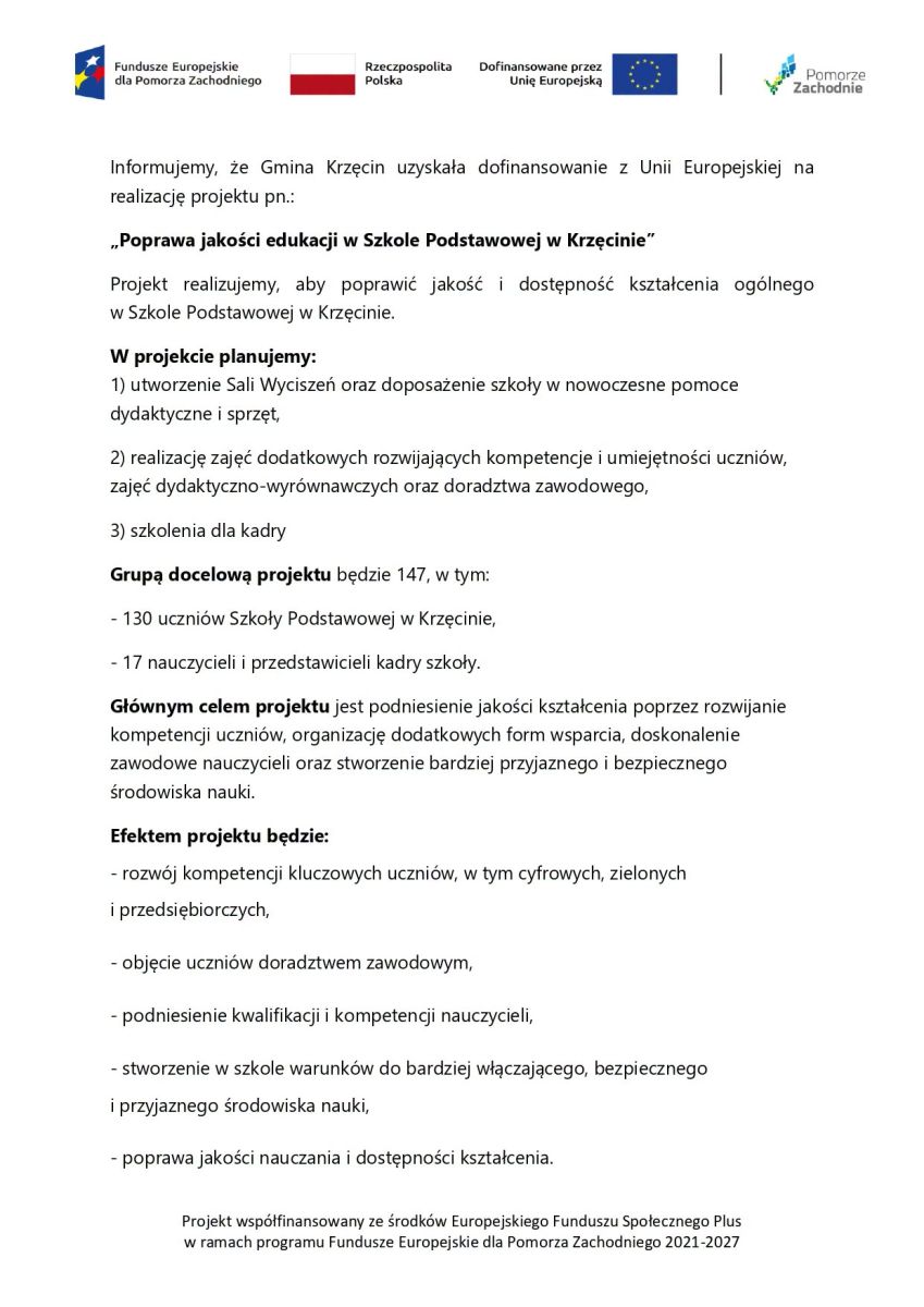 Zdjęcie: Poprawa jakości edukacji w Szkole Podstawowej w Krzęcinie
