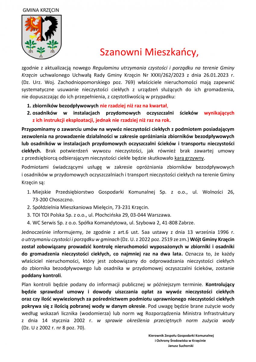 Informacja Kierownik Zespołu Gospodarki Komunalnej i Ochrony Środowiska w Krzęcinie